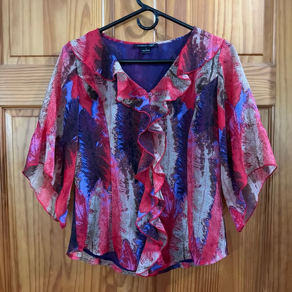 Women's August Silk Red Floral Ruffle Sheer Blouse Size Small